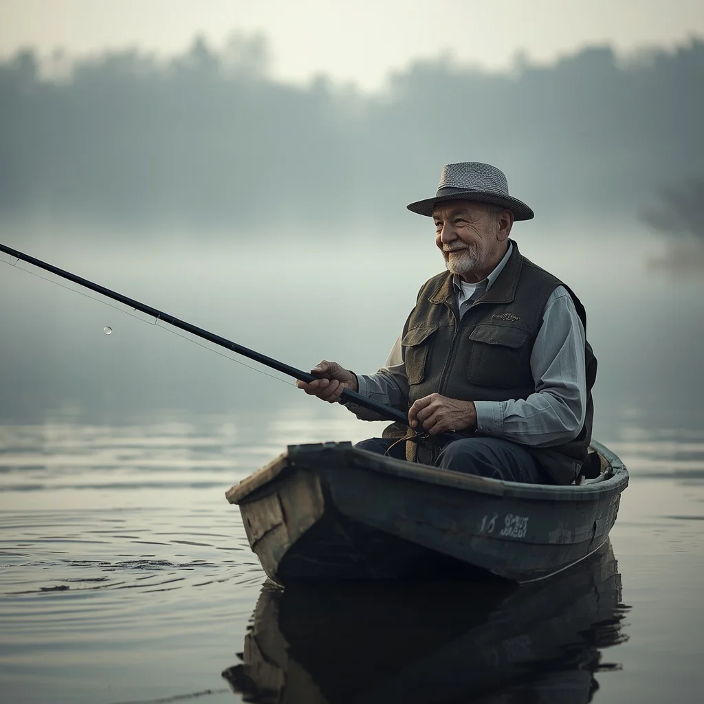A Distinguished Man's Calm Gaze While Fishing on a Quiet Lake | Photo prompt for men — AI image prompt