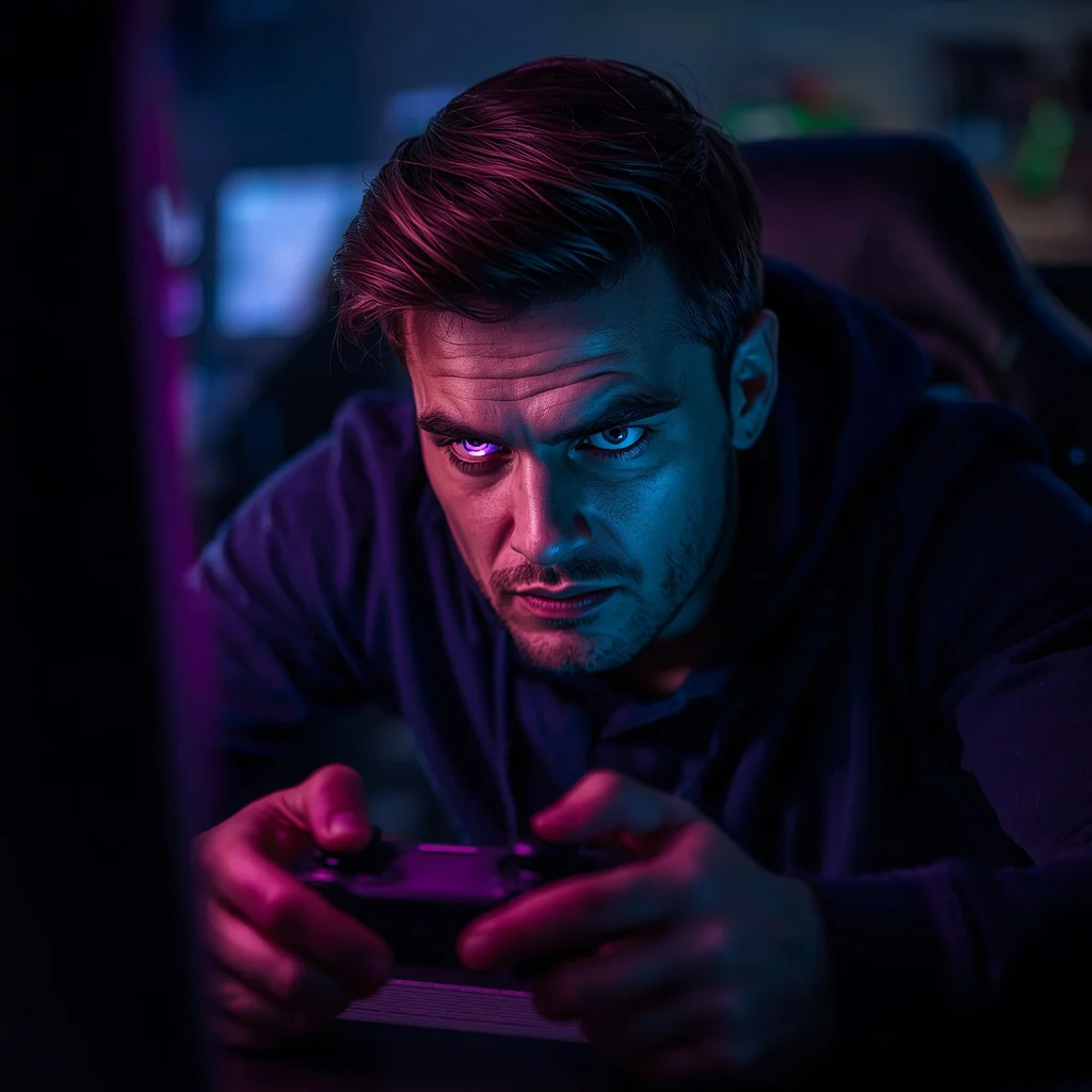 A Man's Intense Focus while Playing a Video Game | Modern design ai prompt — AI image prompt
