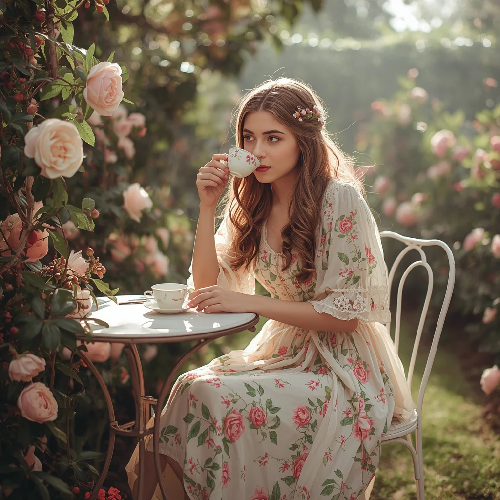 Beautiful Girl in a Floral Pastel Dress Sipping Tea in a Garden | prompt for girls college instagram — AI image prompt