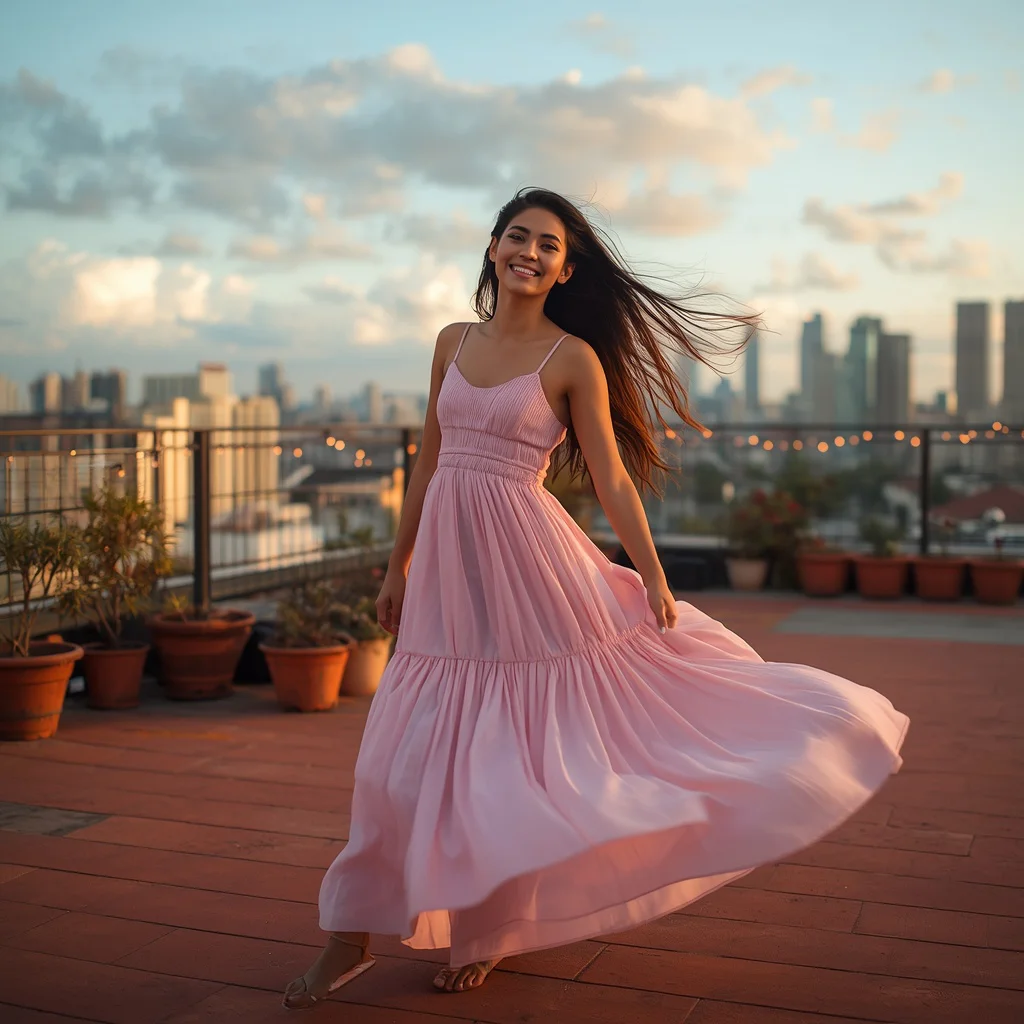 Beautiful Girl in a Pastel Pink Maxi Dress on a Rooftop Garden | best ai prompts for realistic photos — AI image prompt