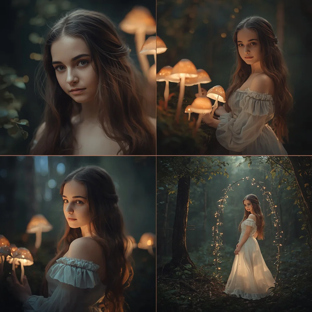 Beautiful Girl's Enchanted Forest: Glowing Mushrooms and Fairy Lights | chatgpt photo editing prompts trending instagram for girl — AI image prompt