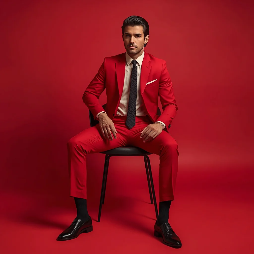 Bold Red Suit Modern Studio Portrait | Simple photo prompt for men — AI image prompt