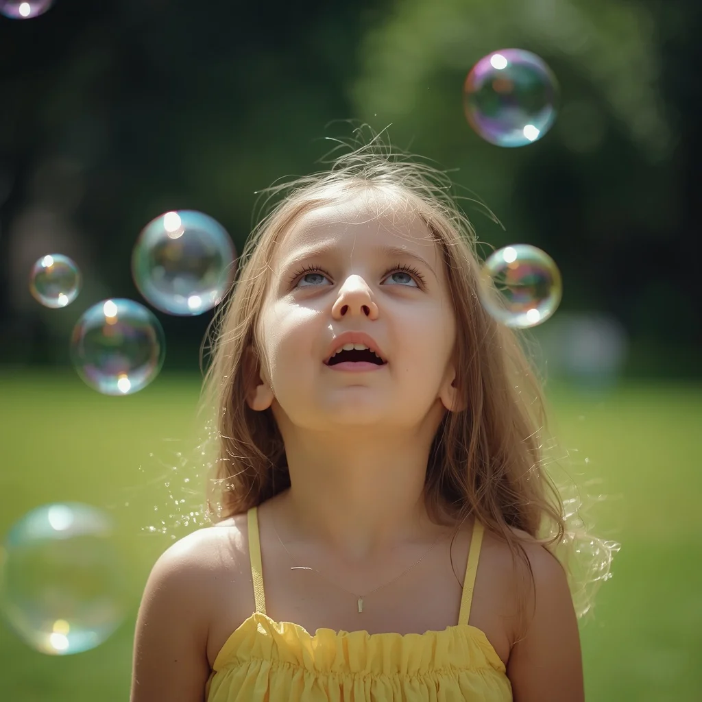 Cute Girl Blowing Bubbles Sunny Park Pure Delight Childhood Wonder Cinematic | prompt for Gemini AI girl modern — AI image prompt