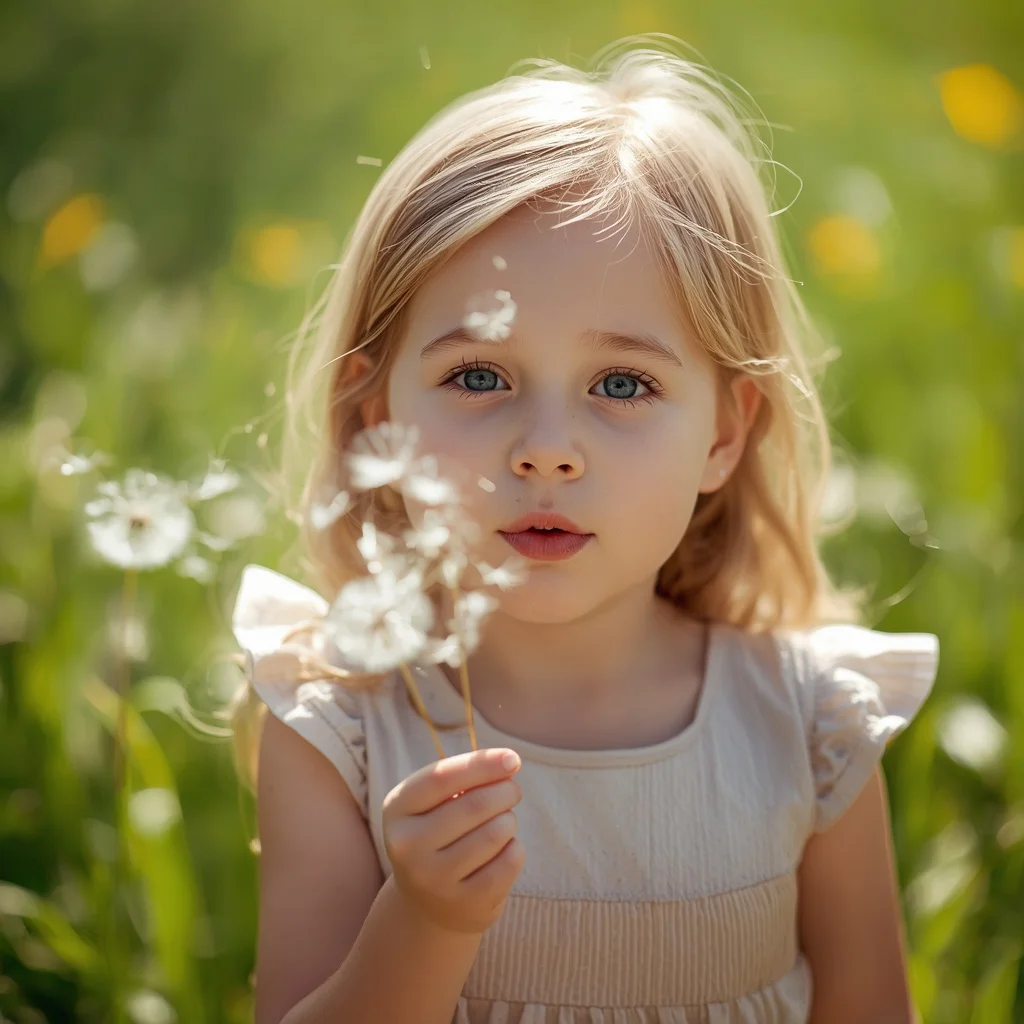 Cute Girl Blowing Dandelion Seeds Meadow Whimsy Joyful Wish Childhood Charm Cinematic | chatgpt prompt generator — AI image prompt