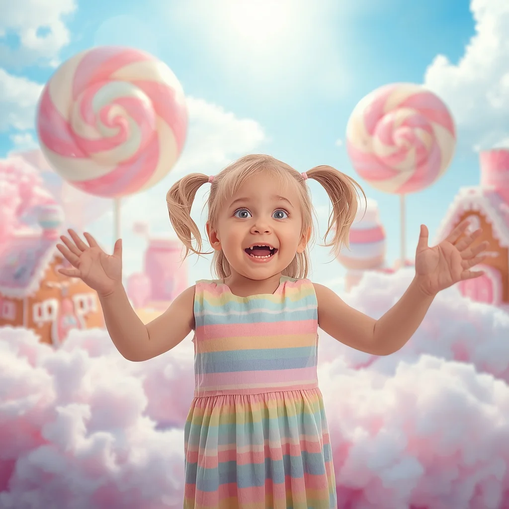 Cute Little Girl Exploring a Whimsical Pastel Candy Land | prompt for Gemini AI girl copy and paste — AI image prompt