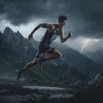 Male Athlete's Triumphant Leap Against a Stormy Mountain Backdrop | Boy AI photo Editing Prompt Instagram