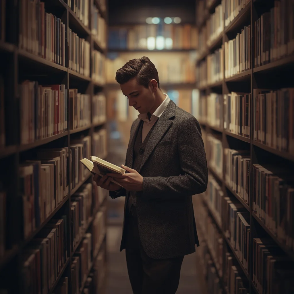 Thoughtful Man in Bookstore Aisle with Light Filtered Through Shelves | Instagram photo prompt for men — AI image prompt