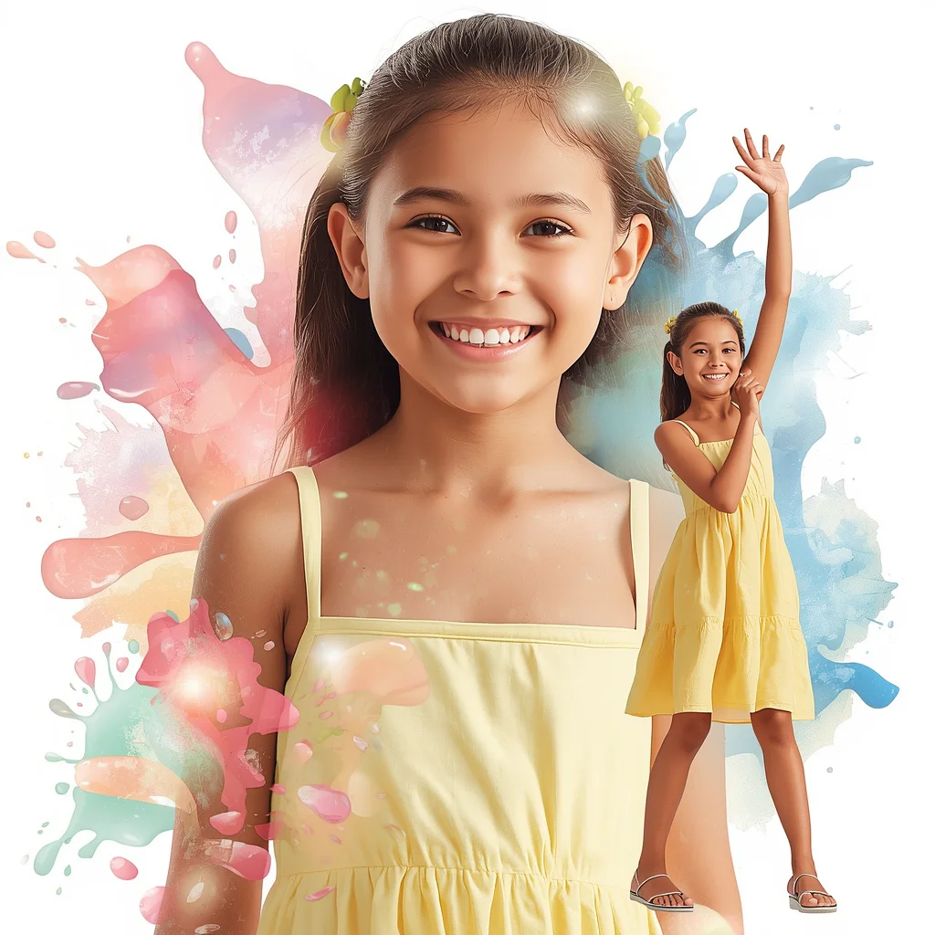 Vibrant Collage of a Cheerful Girl with Floating Watercolor Splashes | trending prompt in instagram reels — AI image prompt